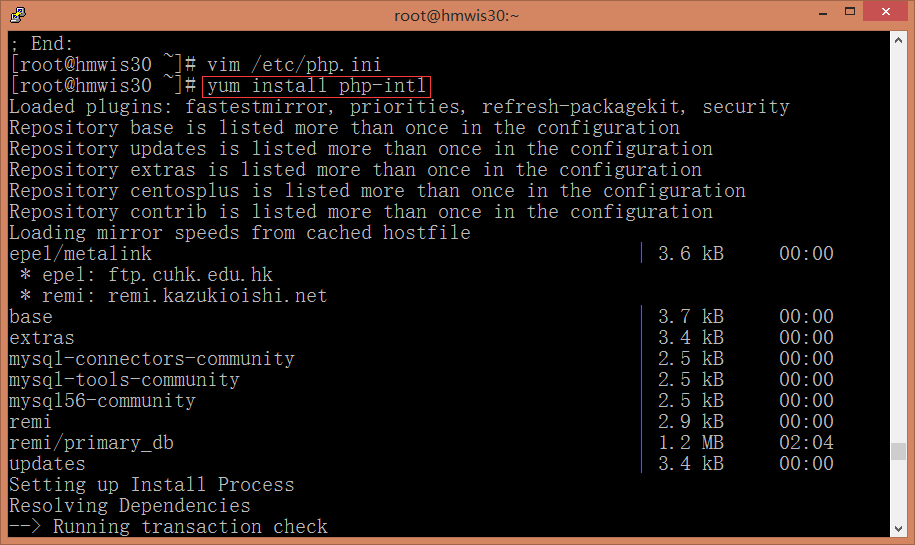 在CentOS上运行命令：yum install php-intl，以安装intl扩展