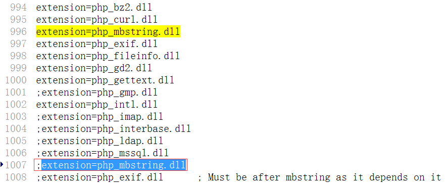 在php.ini中，发现extension=php_mbstring.dll加载了2次，将1007行注释掉