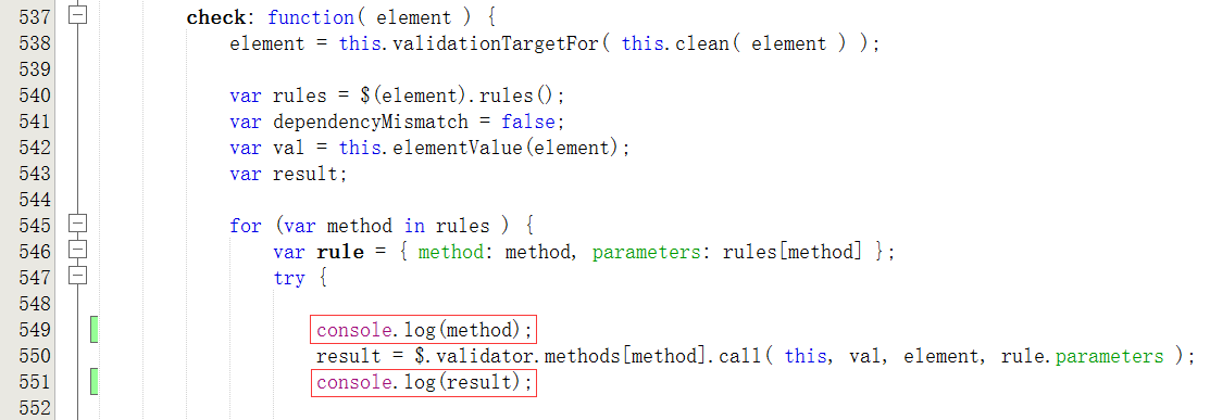 在check方法中，插入console.log(method);console.log(result);