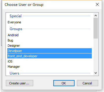 选择需要授权的用户组，选择：Develpoer、front_end_developer