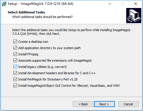 安装：ImageMagick-7.0.6-10-Q16-x64-dll.exe，全选