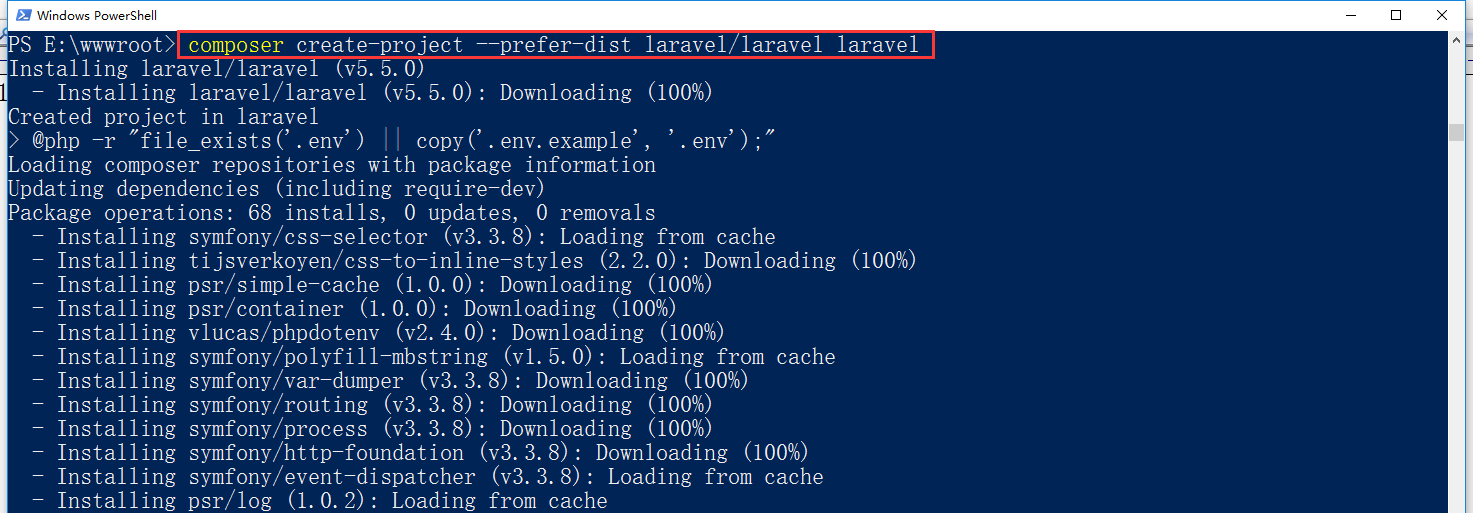 1、通过 Composer 在命令行运行 create-project 命令来安装 Laravel，运行命令：composer create-project --prefer-dist laravel/laravel laravel