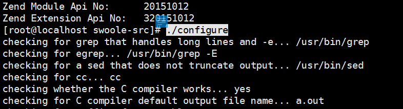 使用 ./configure 来做编译配置检测，swoole的./configure有很多额外参数，可以通过 ./configure --help 命令查看，这里均选择默认项
