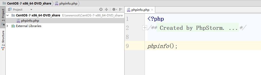 在目录 E:\wwwroot\CentOS-7-x86_64-DVD_share 中，新建 phpinfo.php 文件