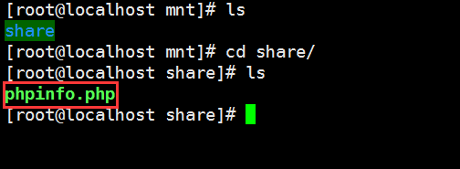 查看 /mnt/share ，已经存在 phpinfo.php 文件，共享成功
