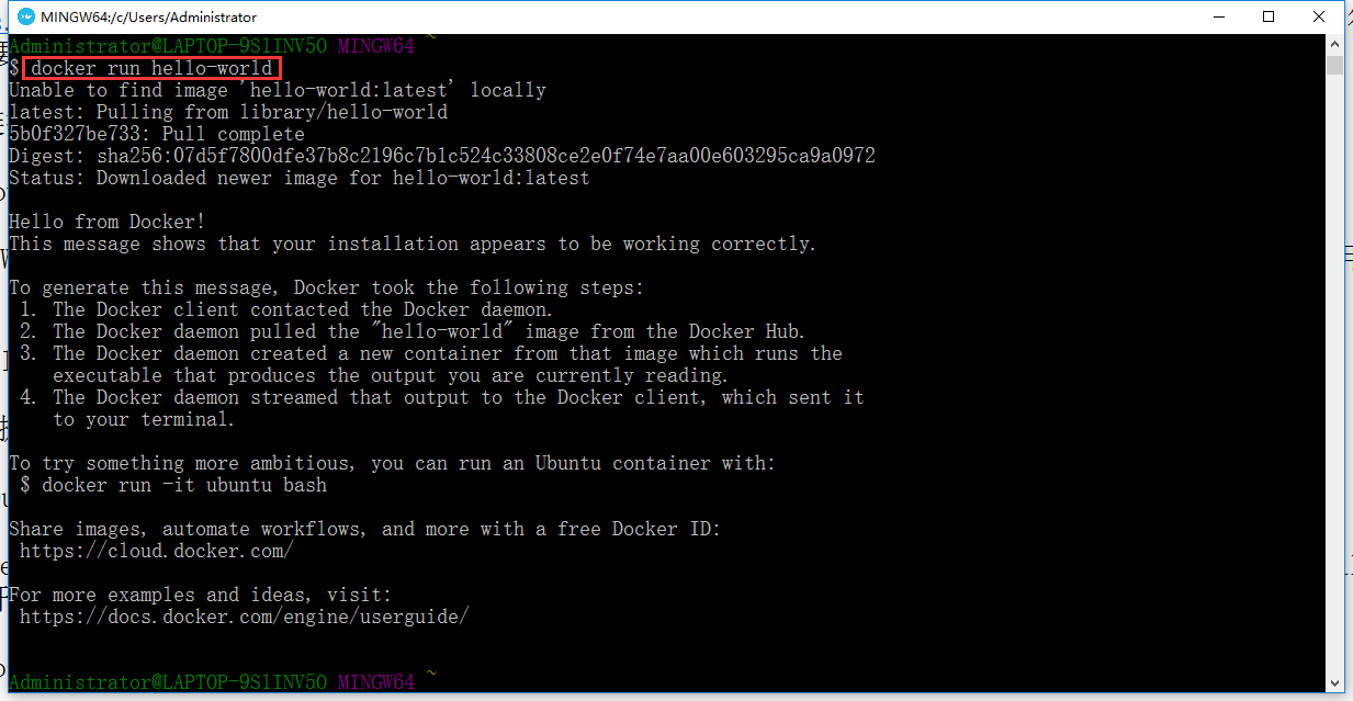 键入 docker run hello-world 命令并按回车。如果一切顺利，命令的输出如下所示：