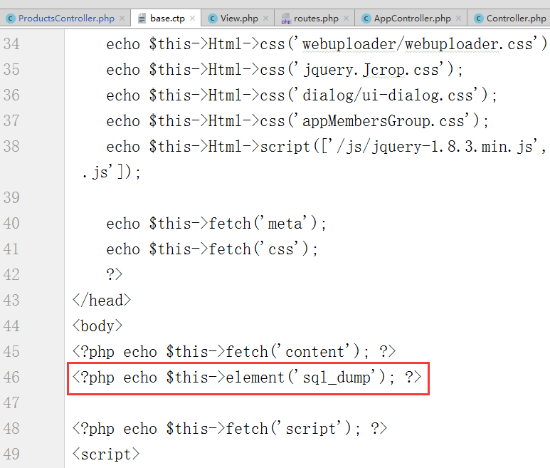 编辑 \app\View\Layouts\base.ctp，<?php echo $this->element('sql_dump'); ?>