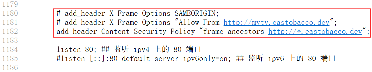 参考网址：https://developer.mozilla.org/zh-CN/docs/Web/HTTP/Headers/Content-Security-Policy__by_cnvoid ，重新设置响应头：Content-Security-Policy: frame-ancestors http://*.eastobacco.dev 