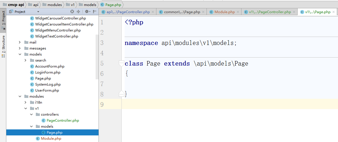 新建 \api\modules\v1\models\Page.php，继承至 \api\models\Page.php