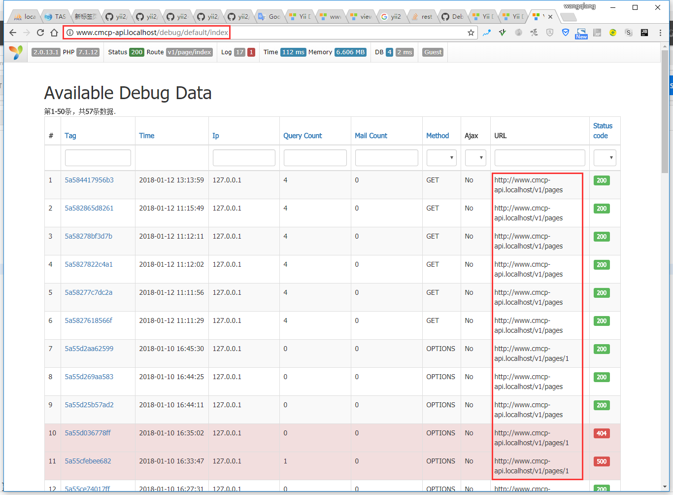 分析得出前端应用的调试器的网址，只需要将 frontend 替换为 www，便是接口应用的调试器的网址，打开：http://www.cmcp-api.localhost/debug/default/index