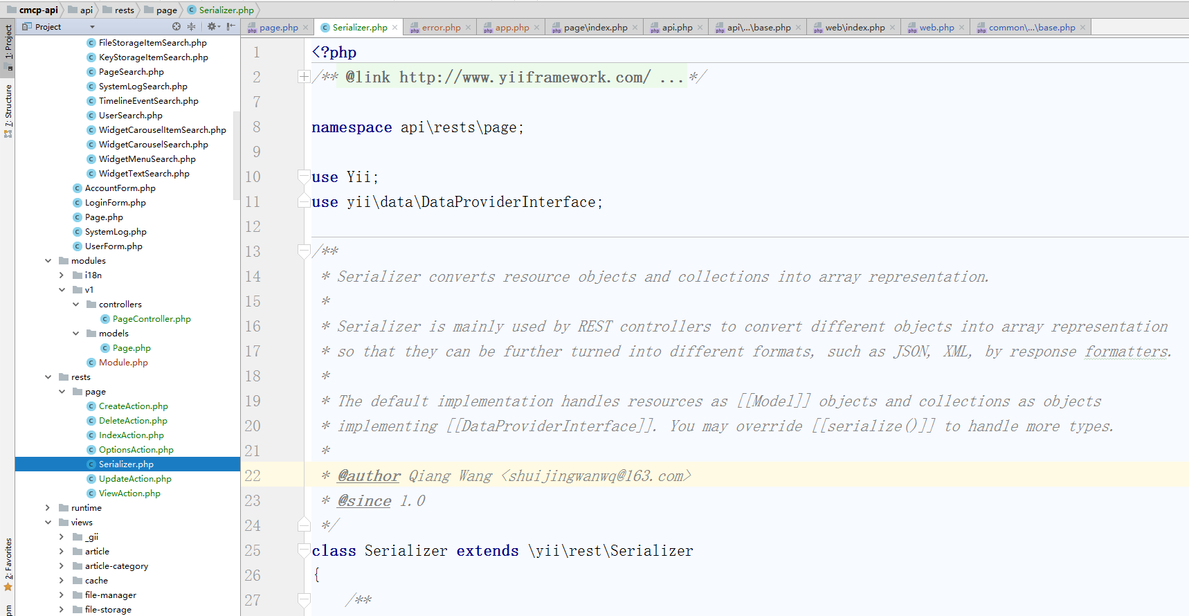 编辑 \api\rests\page\Serializer.php，调整命名空间、继承关系、响应结构(响应成功："code": 10000,"message","data"；响应失败："code": 不等于10000的其他数字,"message")等