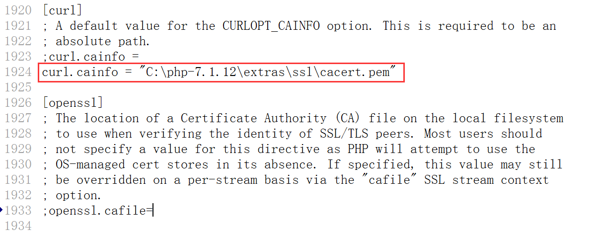 编辑 php.ini，修改 ;curl.cainfo = 为 curl.cainfo = "C:\php-7.1.12\extras\ssl\cacert.pem"，重启PHP