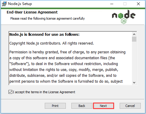 Node.js Setup，勾选 I accept the terms in the license Agreement，点击 Next 按钮