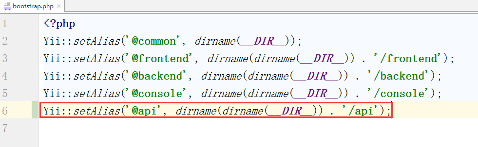 在 common\config\bootstrap.php 中添加 Yii::setAlias('api', dirname(dirname(__DIR__)) . '/api');