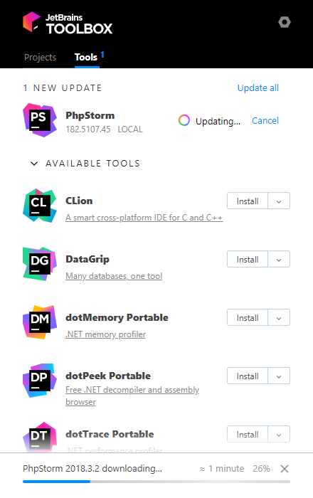 点击 Phpstorm 右侧的 Update 按钮，更新中