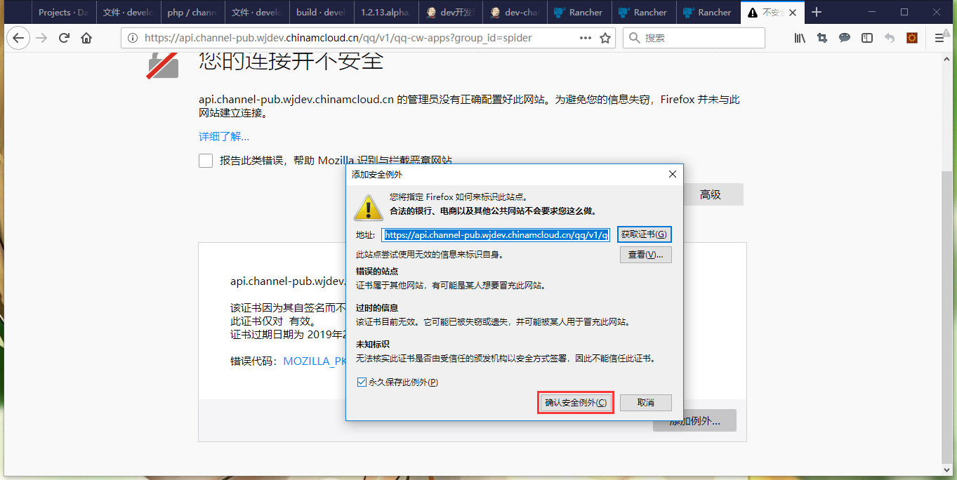 在 浏览器 Firefox 中添加安全例外