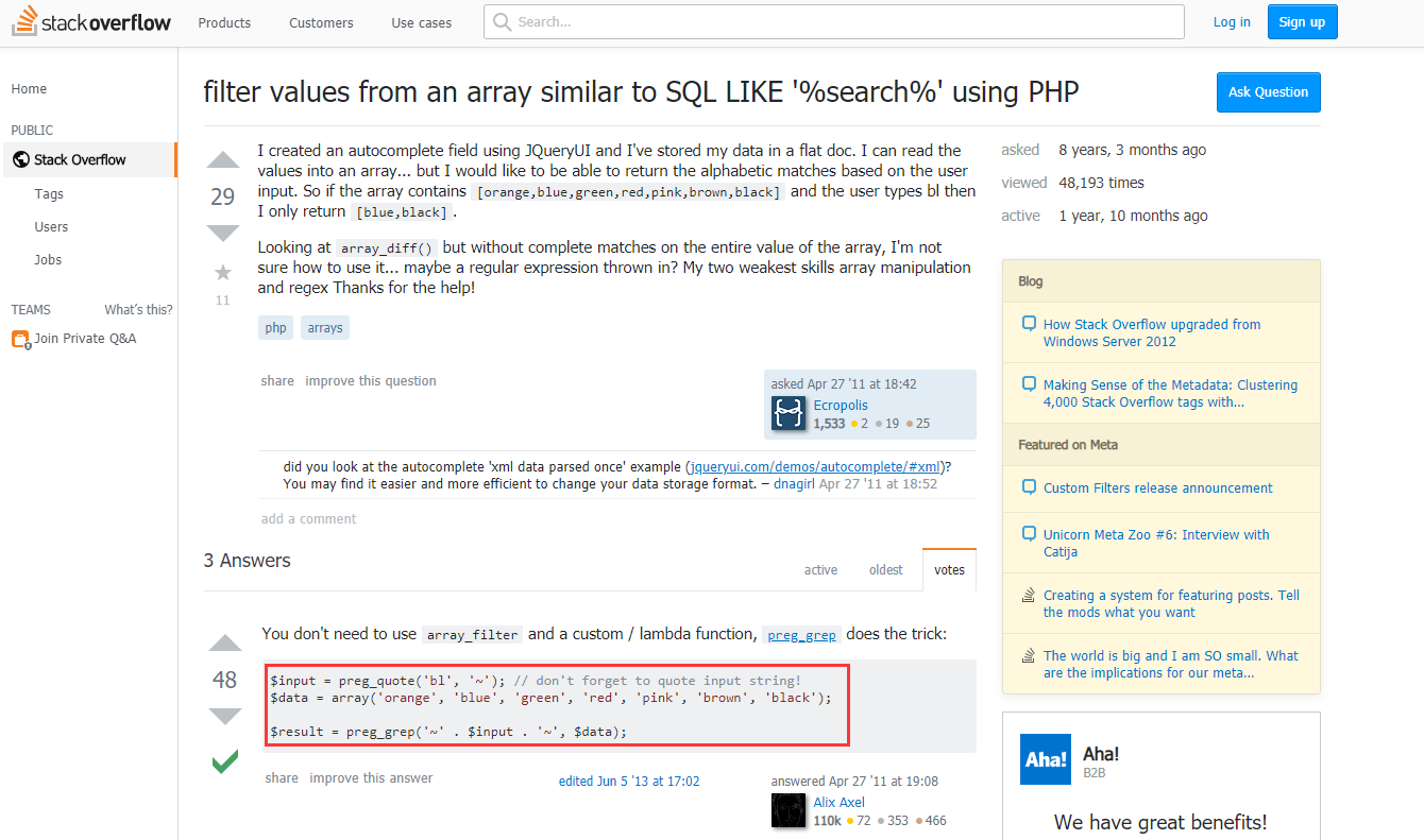 使用 PHP 过滤类似于 SQL LIKE'％search％' 的数组中的值，参考问答：filter values from an array similar to SQL LIKE '%search%' using PHP，网址：https://stackoverflow.com/questions/5808923/filter-values-from-an-array-similar-to-sql-like-search-using-php