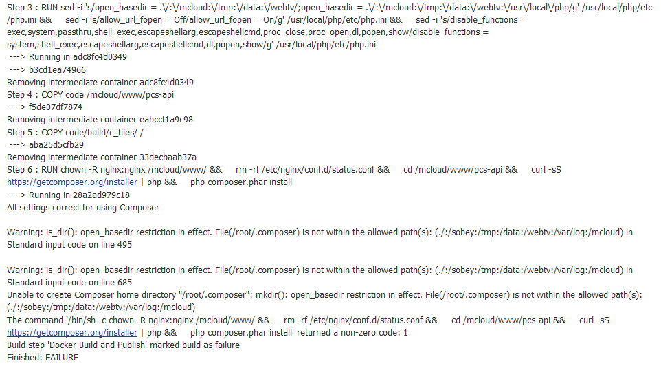 在 Jenkins 上构建镜像时，报错：php composer.phar install returned a non-zero code: 1