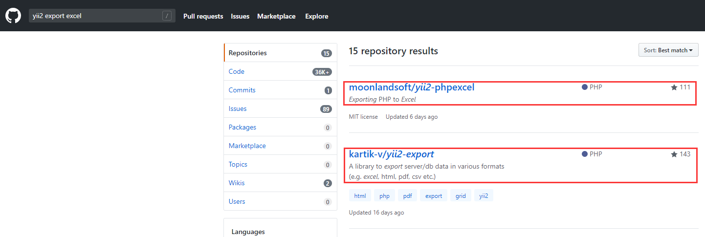 在 GitHub 中搜索：yii2 export excel，其结果：moonlandsoft/yii2-phpexcel、kartik-v/yii2-export