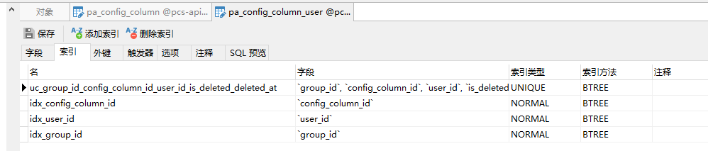 pa_config_column_user 表的索引