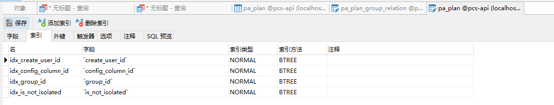 添加索引：idx_group_id、idx_is_not_isolated 后，pa_plan 表的索引