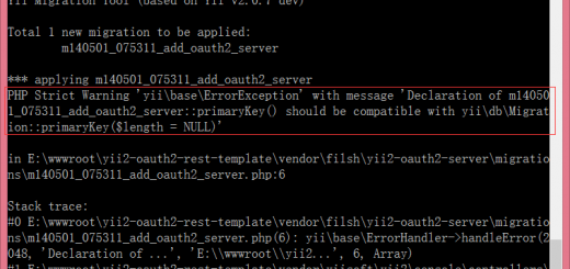 PHP Strict Warning 'yii\base\ErrorException' with message 'Declaration of m14050 1_075311_add_oauth2_server::primaryKey() should be compatible with yii\db\Migrat ion::primaryKey($length = NULL)'