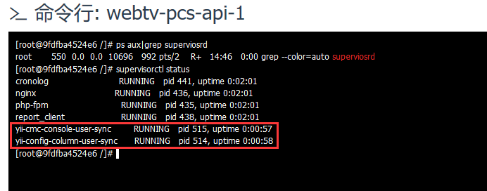 容器升级后，设置环境变量 PCS_API_CFG_CONSOLE=true，查看 supervisord 运行状态，PHP 命令行脚本 cmc-console-user/sync、config-column-user/sync 皆已运行，符合预期