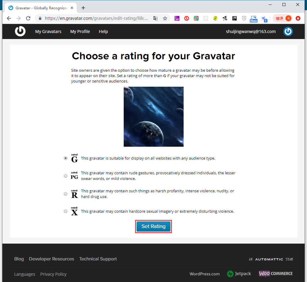 选择您的 Gravatar 评分，选择 G，该图像适合在具有任何受众类型的所有网站上显示。点击 Set Rating