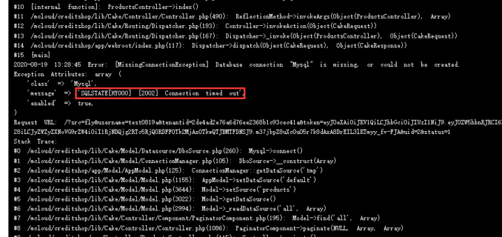 在 CakePHP v2.6.4 中，报错：SQLSTATE[HY000] [2002] Connection timed out。