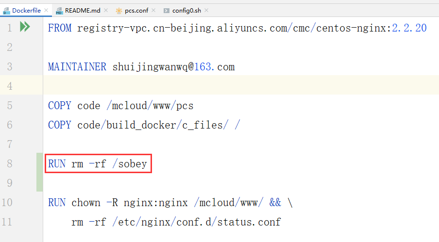 新增加一行：RUN rm -rf /sobey。Dockerfile 的内容如下。