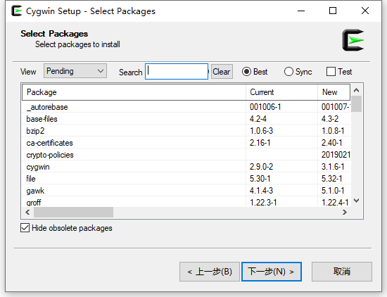 决定下载最新版本的安装包：http://www.cygwin.com/setup-x86_64.exe 。然后再次重复上述步骤。最新版本的安装包，未再报错。成功进入 Select Packages 界面。