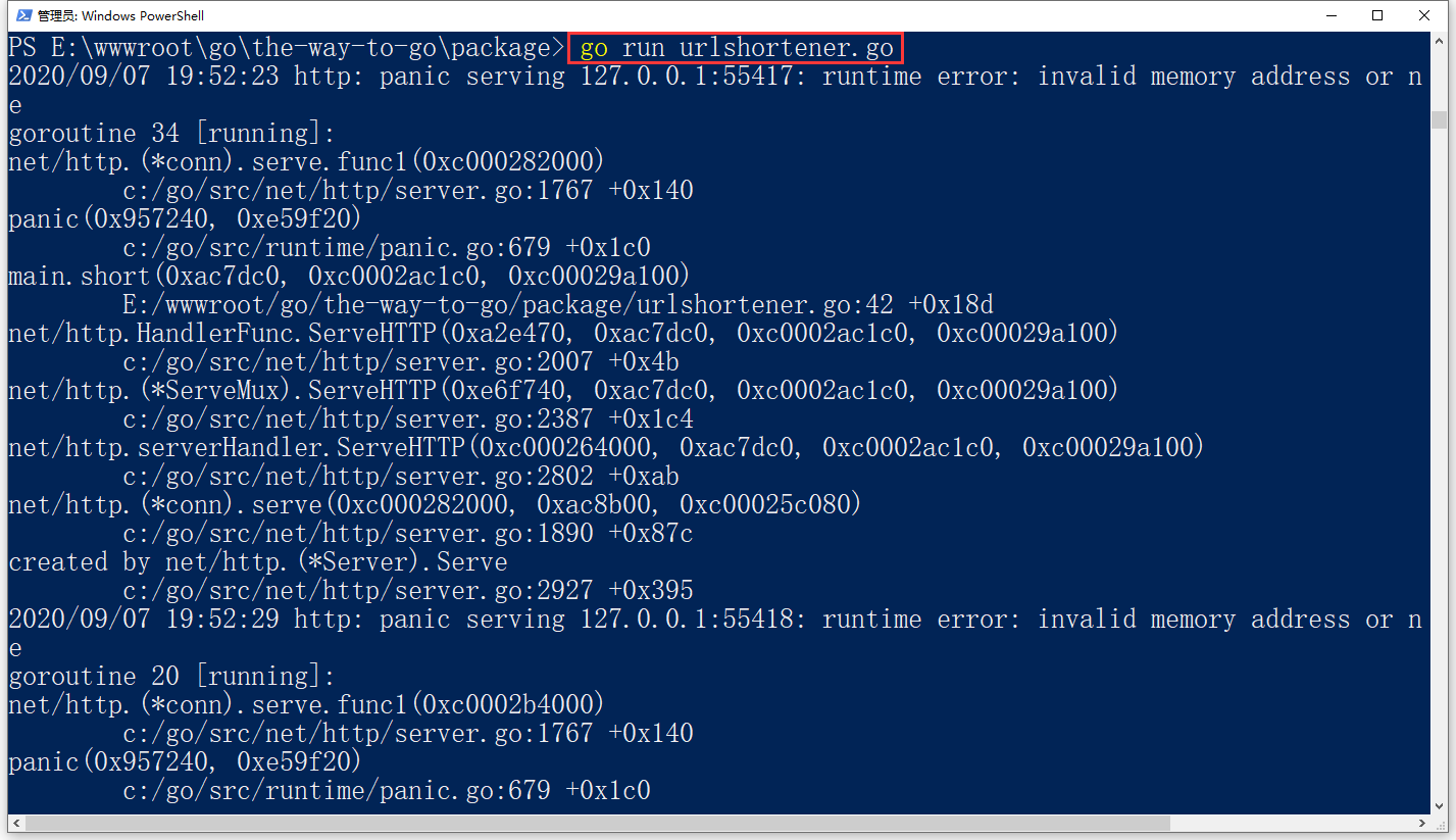 查看终端输出，报错：runtime error: invalid memory address or nil pointer dereference。