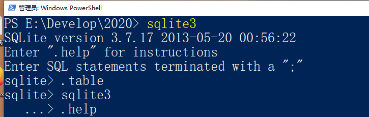 最后在命令提示符下，使用 sqlite3 命令，将显示如下结果。表示安装成功。但是：.help 命令无响应。