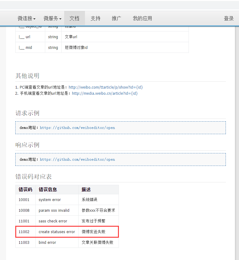 查看开发文档 - 自媒体接入平台 - 头条文章开放接口。https://open.weibo.com/wiki/Toutiao/api 。错误码对应表：11002，create statuses error，微博发送失败。无借鉴意义。