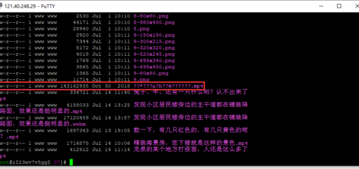 基于 PuTTY 登录 CentOS 服务器，进入目录：/wp-content/uploads/2021/07/。发现文件：秦时明月第一集荧惑守心.mp4 的文件名乱码。