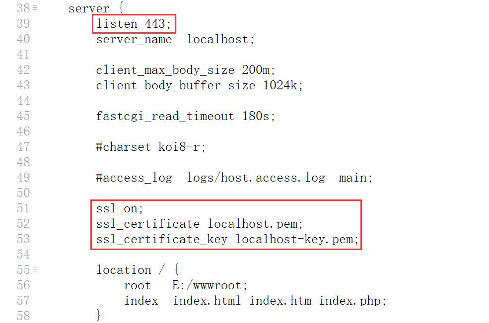 在本地环境的 Nginx 配置文件中添加对于证书的支持。剪切文件至：C:/nginx-1.10.1/conf/localhost.pem、C:/nginx-1.10.1/conf/localhost-key.pem。编辑 C:/nginx-1.10.1/conf/nginx.conf。添加以 ssl 开头的 3 行。监听端口修改为 443。