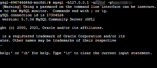 在容器中连接 MySQL，执行命令：mysql -h127.0.0.1 -u用户名 -p密码。