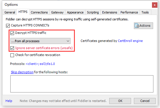 参考网址：https://www.jianshu.com/p/6858a25674b4 。Fiddler 设置手机抓取 https 请求。对 Fiddler 设置为允许远程连接。Tools - Options - HTTPS 。勾选：Decrypt HTTPS traffic、Ignore server certificate errors (unsafe)。
