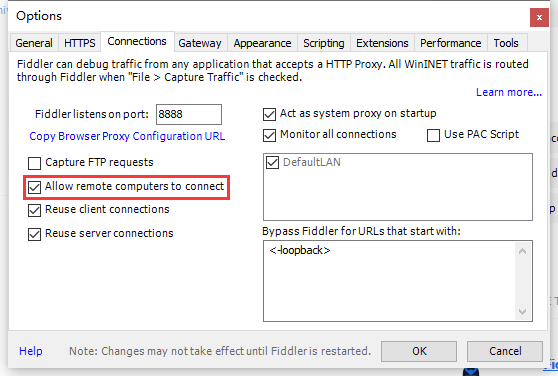 Fiddler 设置手机抓取 https 请求。设置连接，允许远程计算机连接。Tools - Options - Connections。勾选：Allow remote computers to connect。重启 Fiddler 后让设置生效。