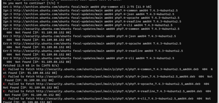 在 WSL2 中的 Ubuntu 系统中，执行命令：sudo apt install php7.4-cli，报错：E: Failed to fetch http://security.ubuntu.com/ubuntu/pool/main/p/php7.4/php7.4-common_7.4.3-4ubuntu2.5_amd64.deb 404 Not Found [IP: 91.189.88.152 80]。