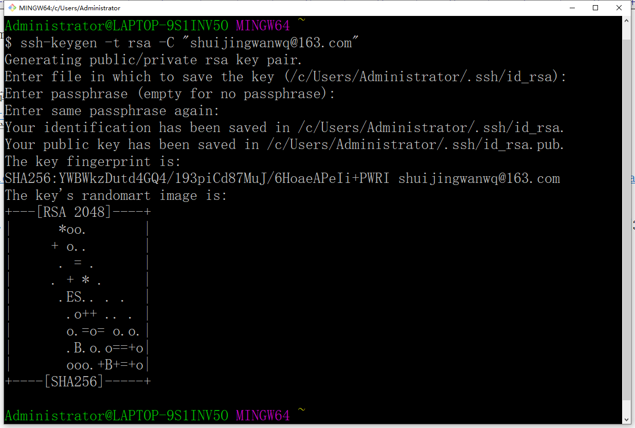 参考网址：https://www.jianshu.com/p/9317a927e844 。生成一个新的 SSH 密钥。打开 Git Bash，输入如下命令，然后连续按三个回车即可：ssh-keygen -t rsa -C "shuijingwanwq@163.com"。密钥保存路径：/c/Users/Administrator/.ssh。id_rsa 是密钥，id_rsa.pub 是公钥。