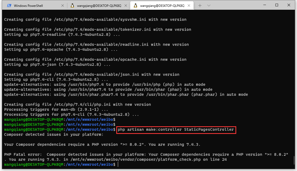 执行命令：php artisan make:controller StaticPagesController。报错：Your Composer dependencies require a PHP version ">= 8.0.2". You are running 7.4.3.。
