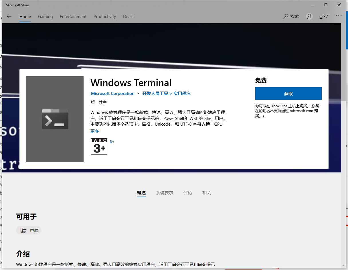 为了更好地访问 Windows 的子系统，推荐使用 Windows Terminal 作为命令行工具。打开微软商店，搜索关键字 Windows Terminal ，在搜索结果中点击安装即可。
