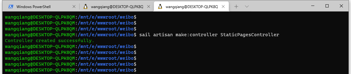 由于 Docker 容器是基于 Laravel Sail 实现的。调整执行命令：sail artisan make:controller StaticPagesController。 生成控制器成功。