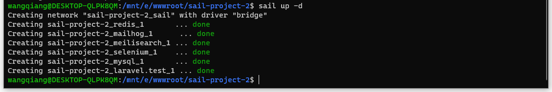 接着开始第二个 Sail 项目，执行命令：curl -s https://laravel.build/sail-project-2 | bash。步骤是一样的，只不过 .env 文件的内容有所差异。所有端口号全部加1，未报端口冲突错误。