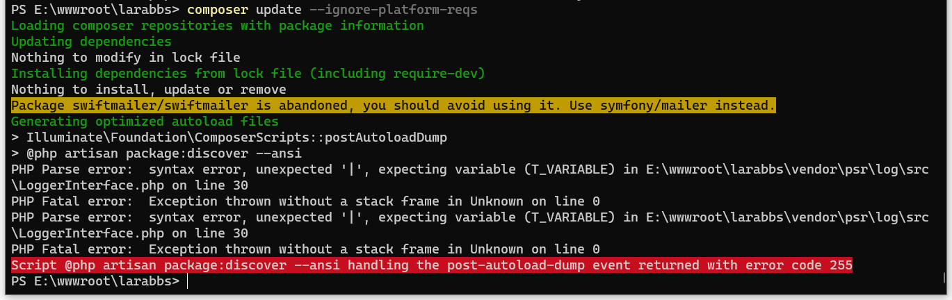 执行命令 composer update --ignore-platform-reqs 时，报错：Script @php artisan package:discover --ansi handling the post-autoload-dump event returned with error code 255。