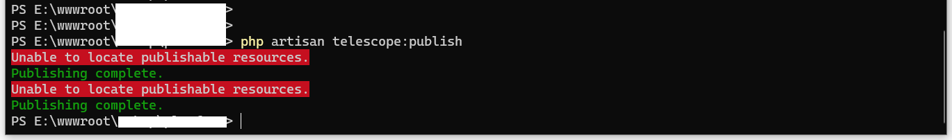 在 Laravel 6 中，执行命令：php artisan telescope:publish，报错：Unable to locate publishable resources. Publishing complete