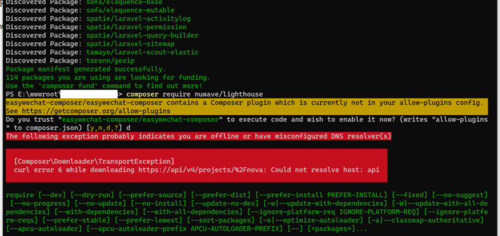 执行 composer require 时，报错：[Composer\Downloader\TransportException] curl error 6 while downloading https://api/v4/projects/%2Fnova: Could not resolve host: api