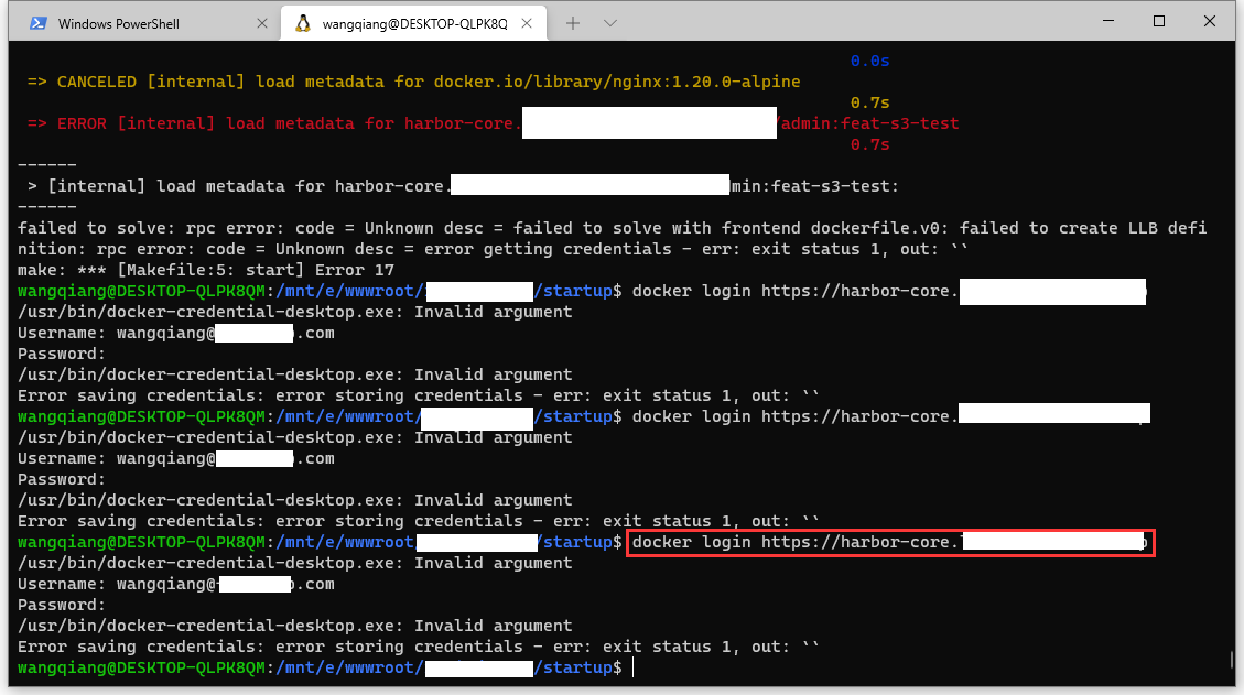 执行命令:docker login 时,报错:/usr/bin/docker-credential-desktop.exe: Invalid argument Error saving credentials: error storing credentials - err: exit status 1, out: ``。