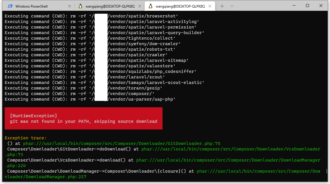 执行命令：docker exec -t wshop-fpm composer install -vvv，报错：[RuntimeException]  git was not found in your PATH, skipping source download。